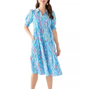 NWT Mary Square Molly Dress Large Blue Floral Tiered Midi Collared Puff Sleeve